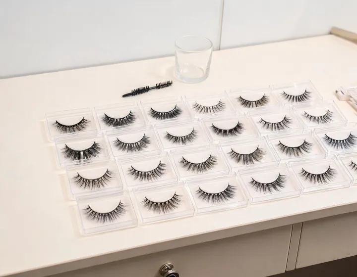 mink false eyelashes wholesale on a cosmetics bench, illustration only