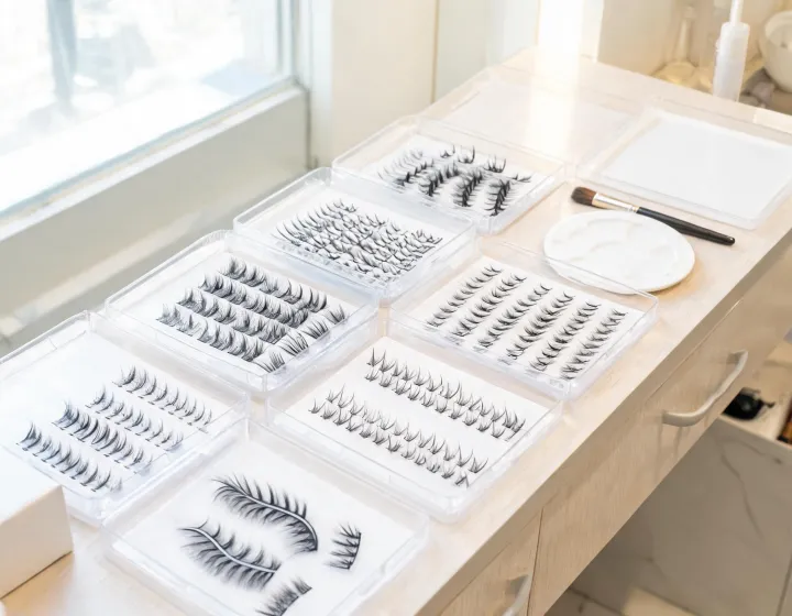 false eyelashes wholesale suppliers usa on a cosmetics bench, illustration only