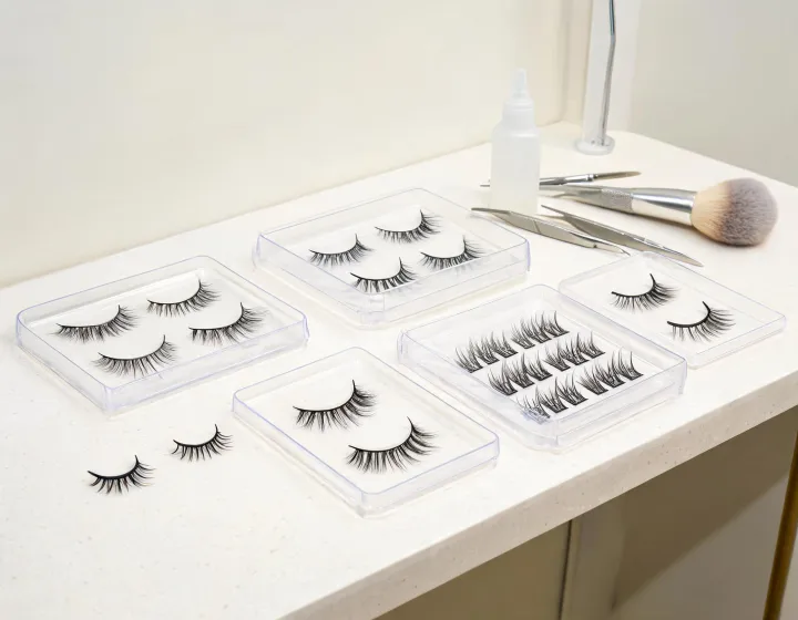 false eyelashes wholesale on a cosmetics bench, illustration only
